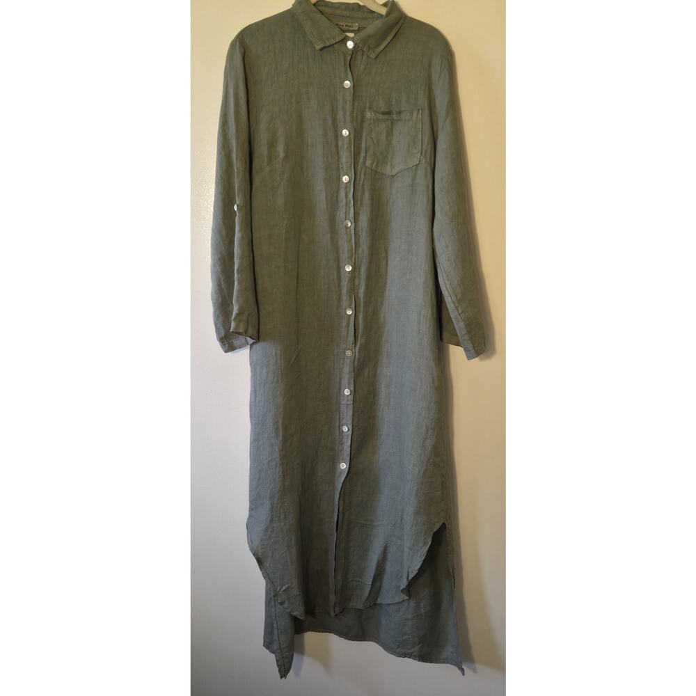 Meo Meli Womens Italian Linen Shirt Maxi Dress Olive Drab Roll Tab Sleeve 42x49